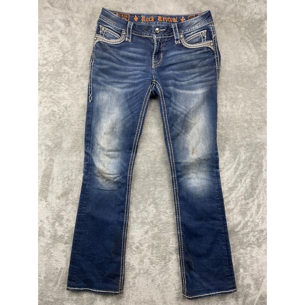 Rock‎ Revival Women's Eleanor Easy Boot Jeans 32x33 Blue Swarovski Leather